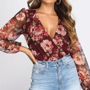 New Windsor Burgundy Floral Sheer Sleeve Blouse Bodysuit